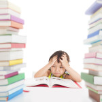 boring and tired little girl with many books