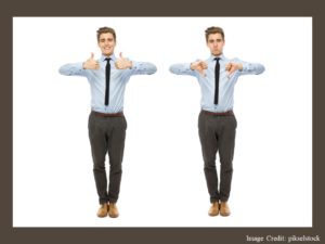 Young man wearing a tie, showing thumbs up in one image and thumbs down in the other