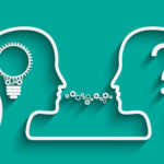 A graphic of two heads facing each other in conversation: one with a lightbulb inside, the other with a question mark.