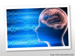 An image of a brain in a human head, with EEG waves in the background