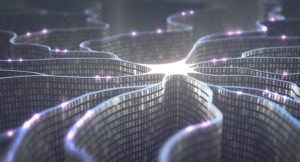 A neuron made up of walls of binary code: 0s and 1s.