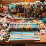 An artist's table, covered with an organized but overwhelming collection on pencils, pens, markers, and so forth