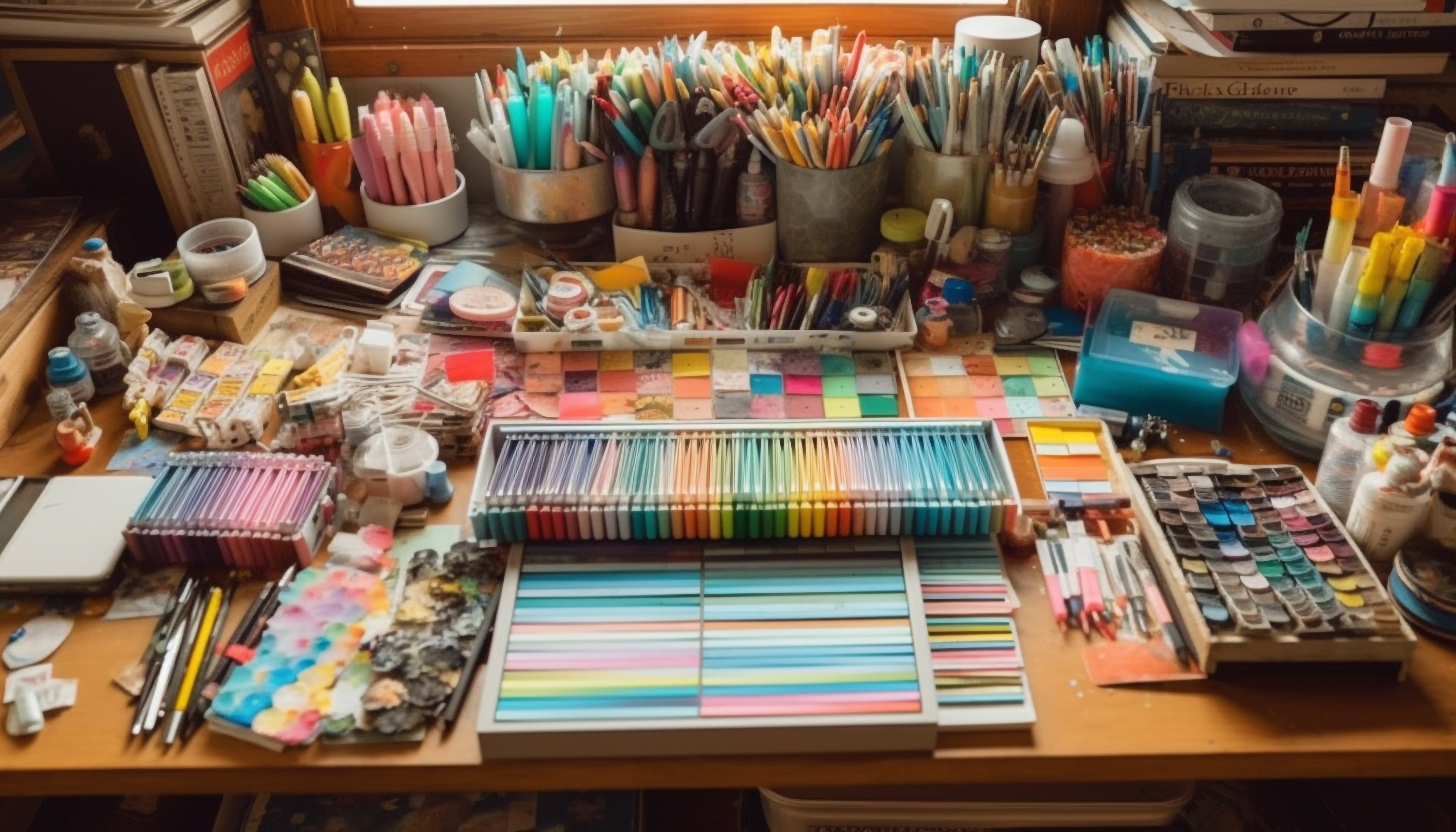 An artist's table, covered with an organized but overwhelming collection on pencils, pens, markers, and so forth