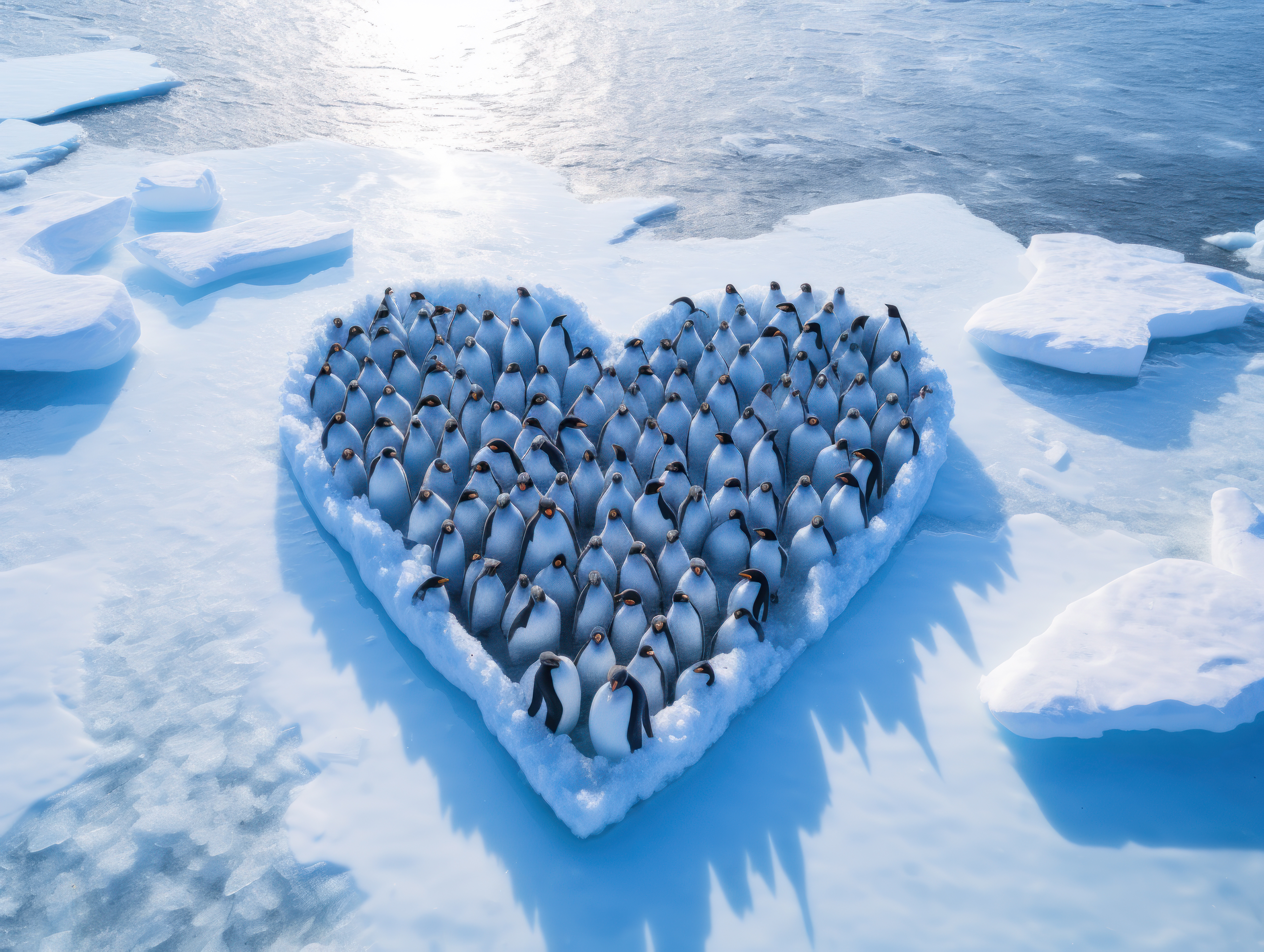 Penguins grouped together into the shape of a heart