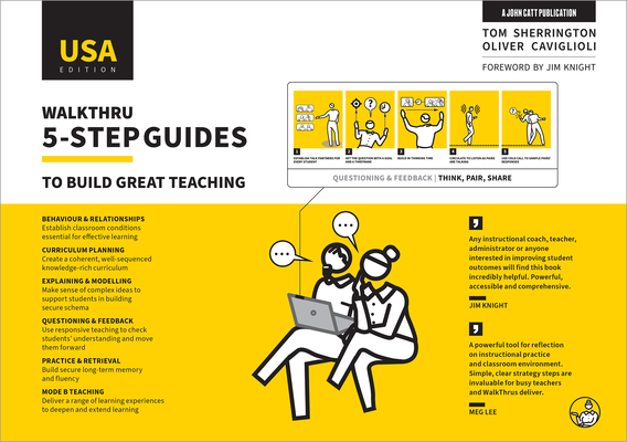 The cover of Walkthru: a bright yellow and white cover, with a drawing of two teachers thinking and talking together