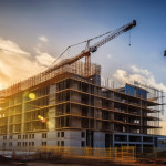 A construction site: a 6 story building with scaffolding all around, a crane against a sunset