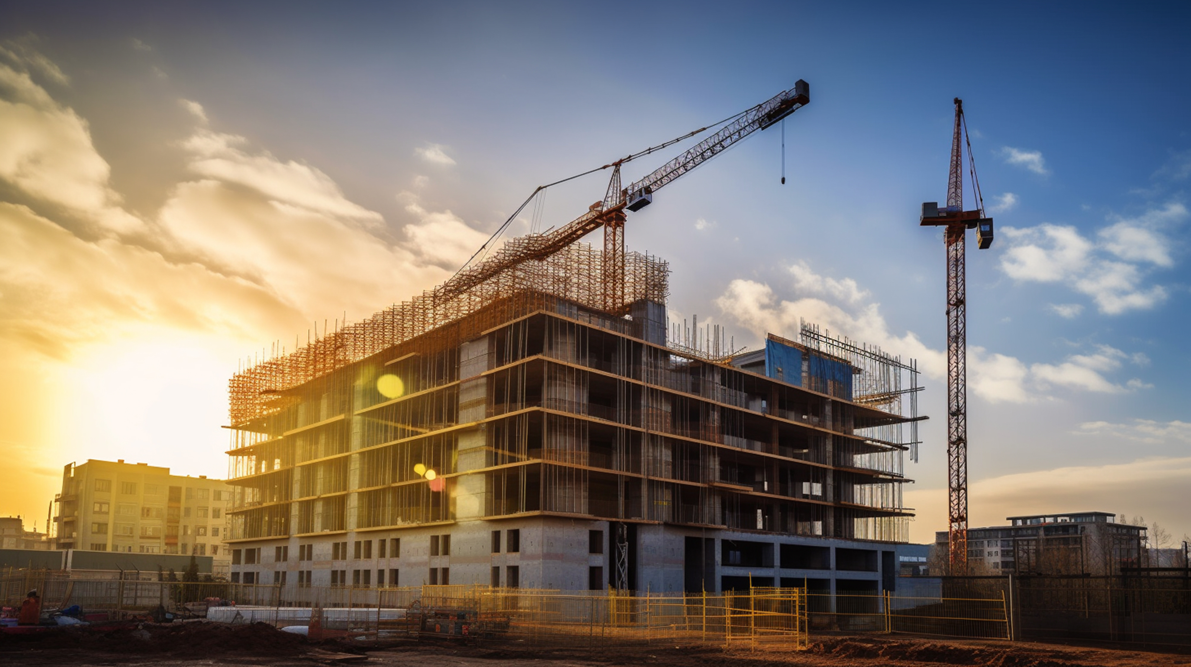 A construction site: a 6 story building with scaffolding all around, a crane against a sunset