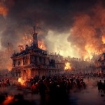 Crowds surround a burning mansion at night