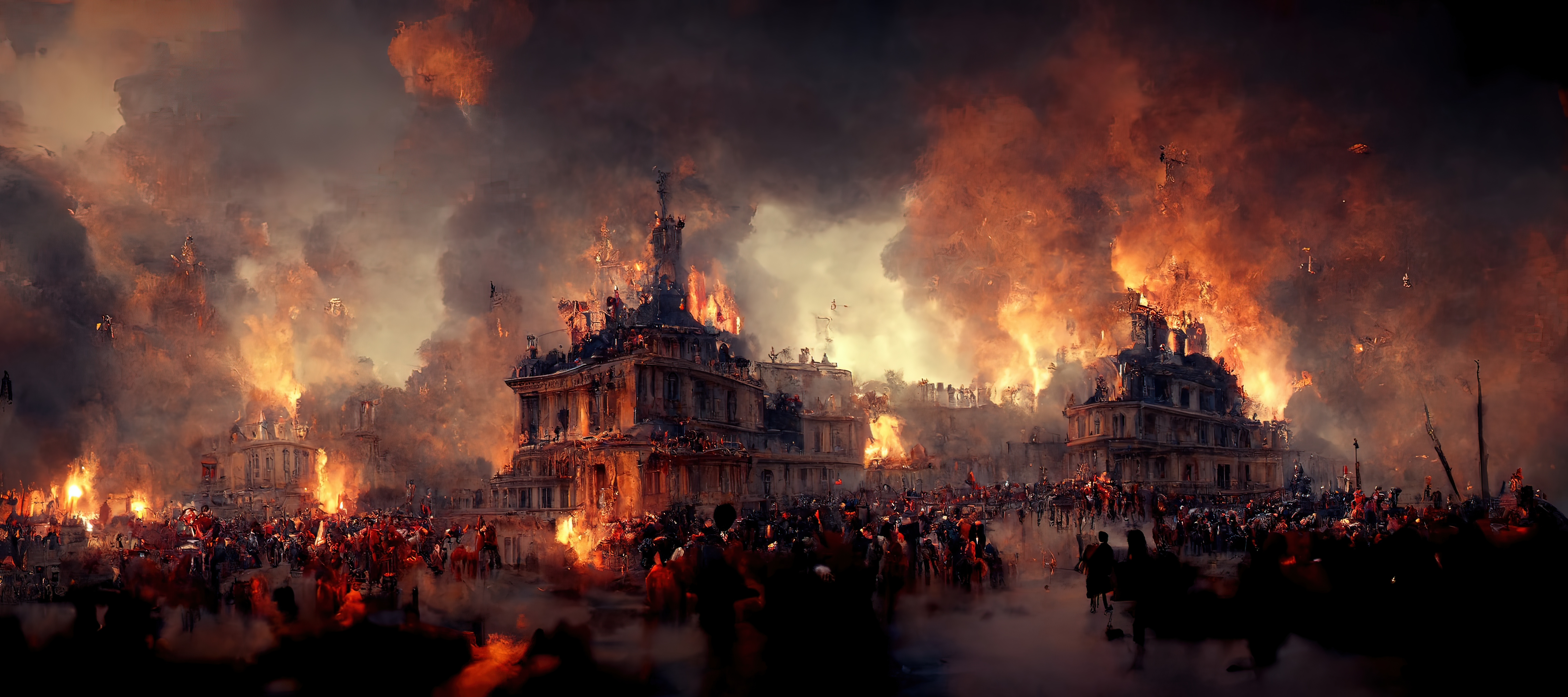 Crowds surround a burning mansion at night