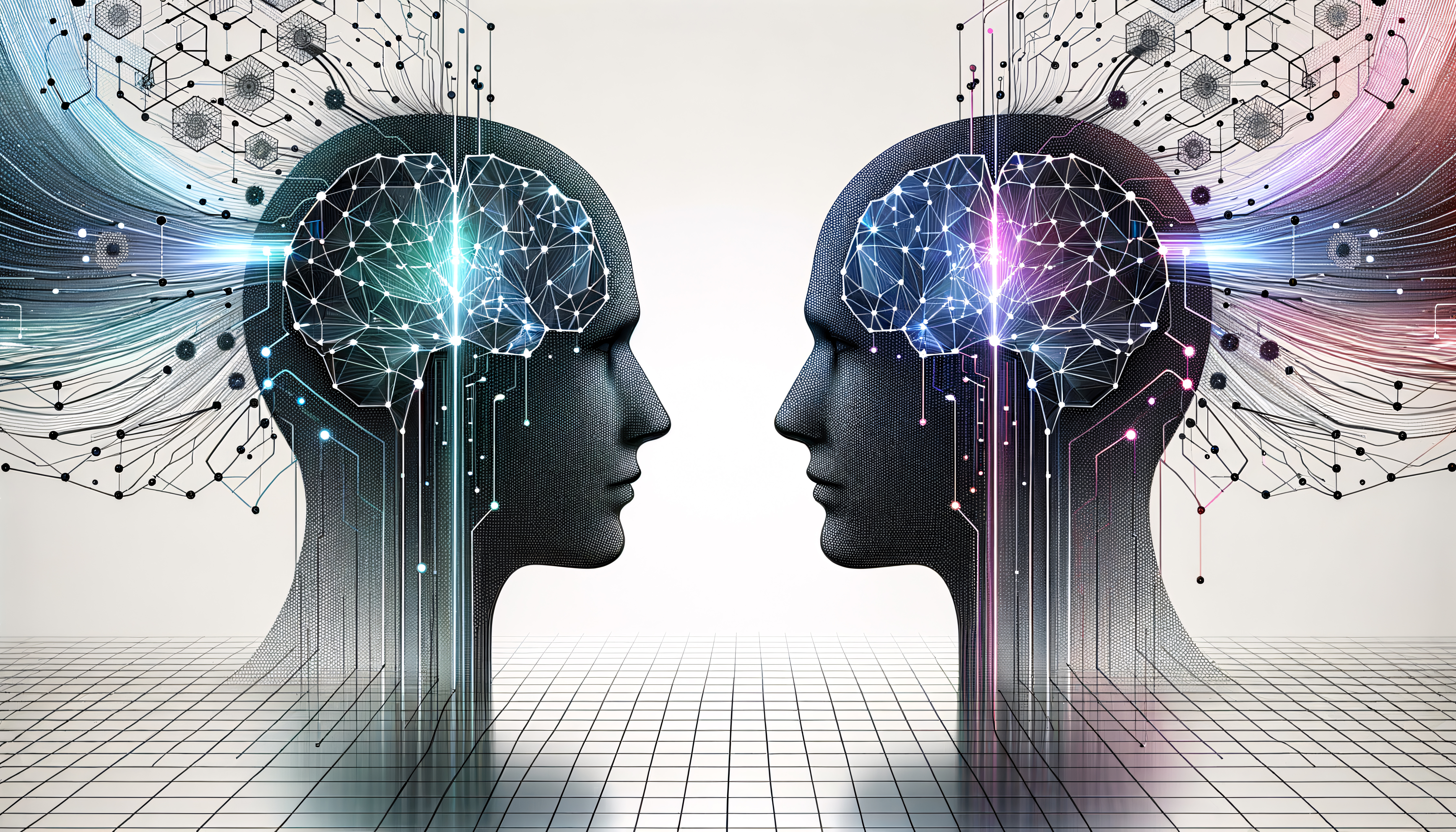 A futuristic drawing of two heads facing each other, with dramatic lines showing extensive and expansive thinking