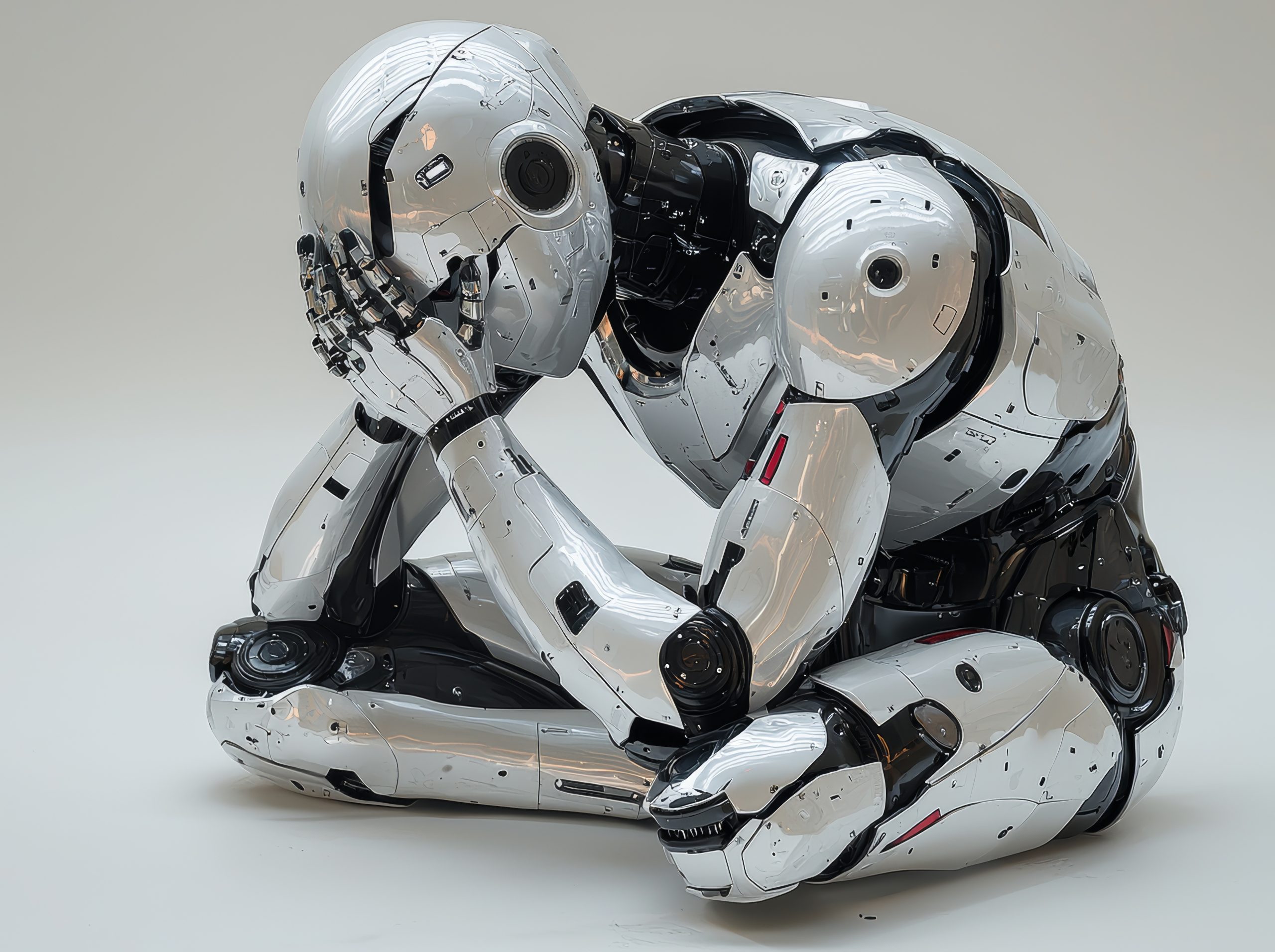 A silver and black robot sitting on the ground, its head in its heands, looking dejected.